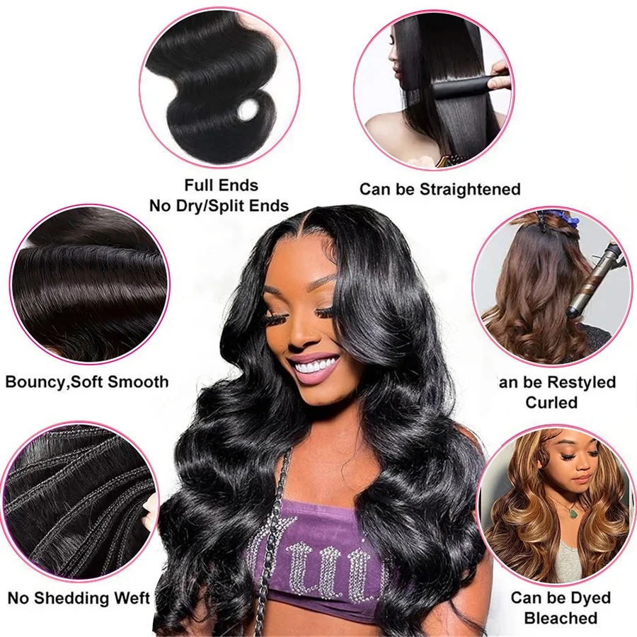 Tissage en Lot Brésilien Naturel Noir Body Wave, Extensions de Cheveux Humains, 100% Naturel, 3 Pièces