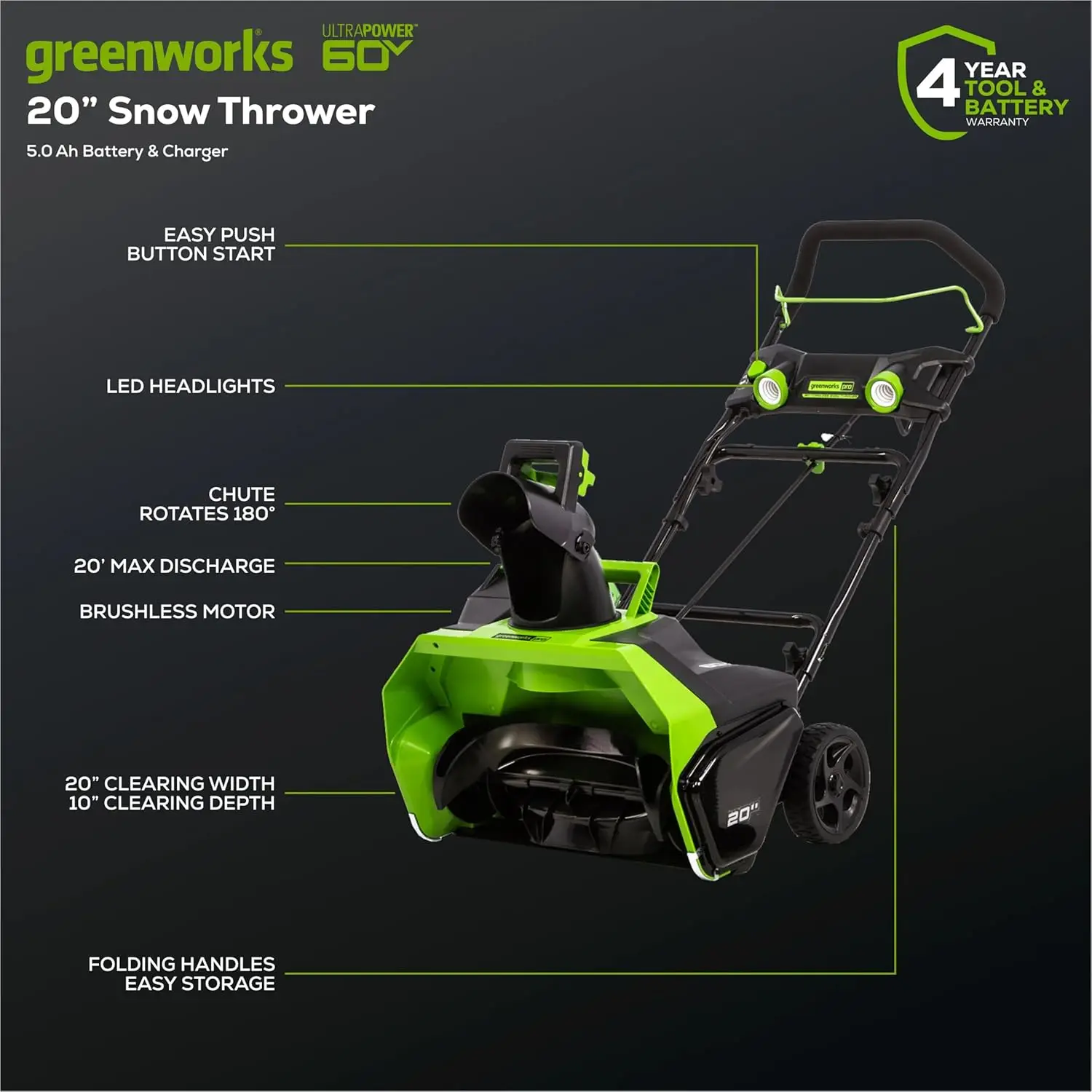 Бесщеточный аккумуляторный снегоочиститель Greenworks 60 В, 20 дюймов (одна сцена), аккумулятор 5,0 Ач и зарядное устройство в комплекте