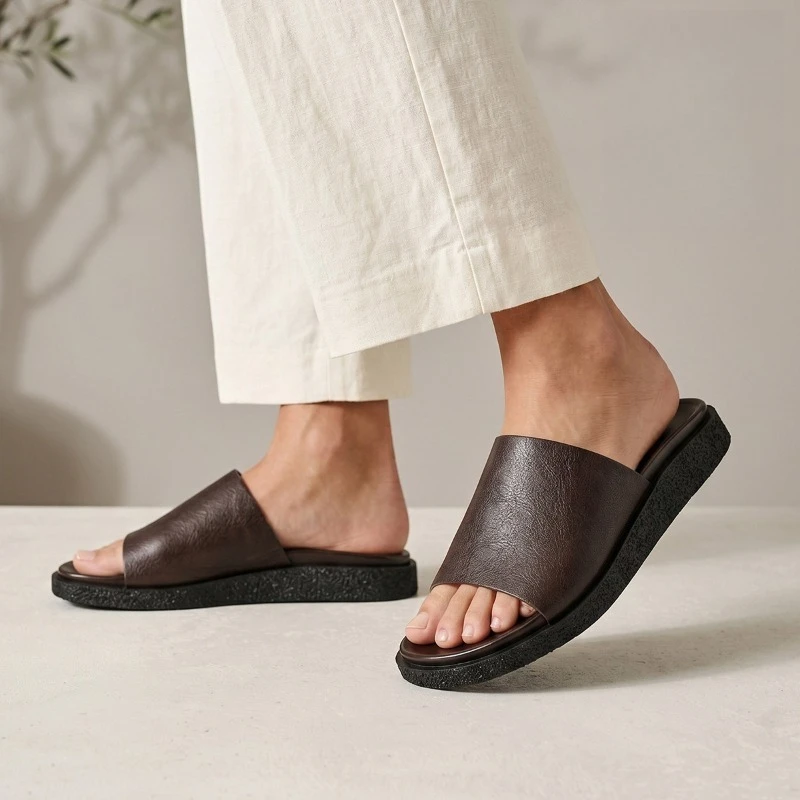 

3 Cm Height Mens Genuine Leather Fashion Slippers Luxury Handmade Quality Comfortable 2026 Summer Outdoor Flat Shoes Man Size 43