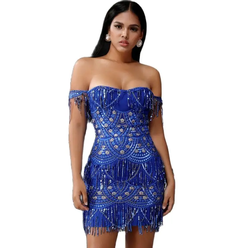 High Quality Celebrity Blue Off The Shoulder Sequined Tassel Rayon Bandage Dress Elegant Club Party Dress Vestidos