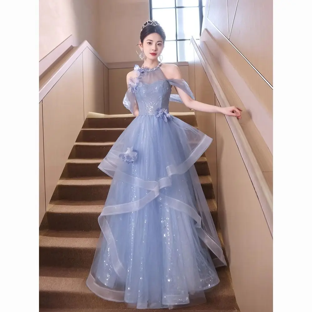 

Blue Evening Gown Women's 2025 New High-End Luxury Hostess High-End Feeling Art Exam Adult Ceremony Korean Style Wedding Dress