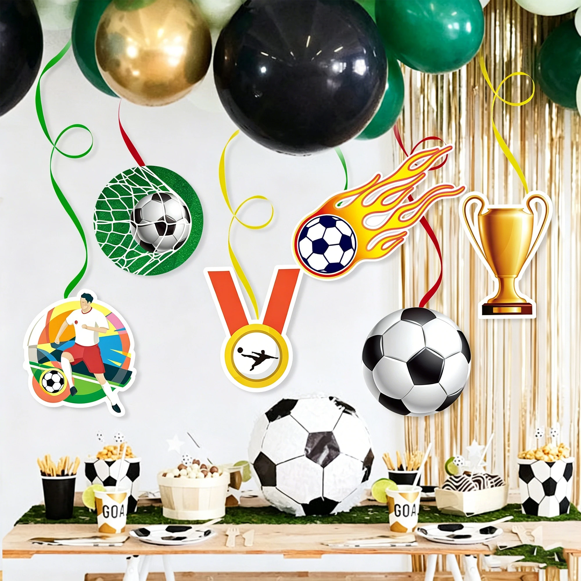 2 Sets/1 Set Fußball-Geburtstagsbanner-Set Fußball-Themen-Geburtstagsparty-Dekorationen Schwarz-Weiß Fußball-Wirbel Hängende Dekoration – Detail 4