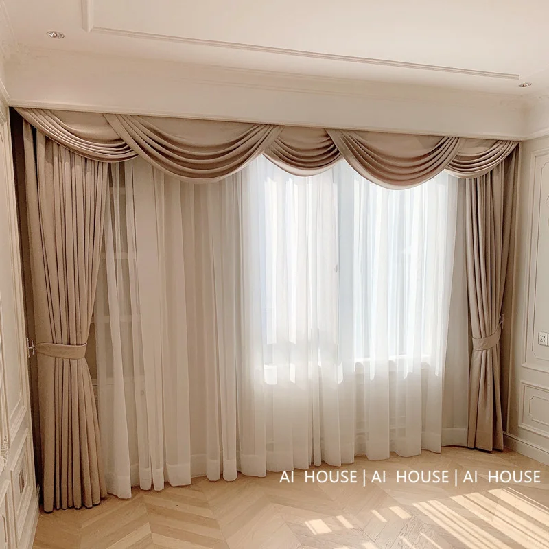 

French Elegant Curtains for Living Room Luxury Australian Fleece Milk Tea Cortina Shade Shading Drapes Valance Tulle Home Custom