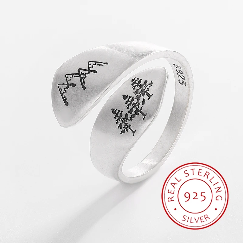 

Retro Genuine S925 Silver Irregular Peaks and Trees Women's Ring Niche Design Gift Opening Adjustable Jewelry for Men