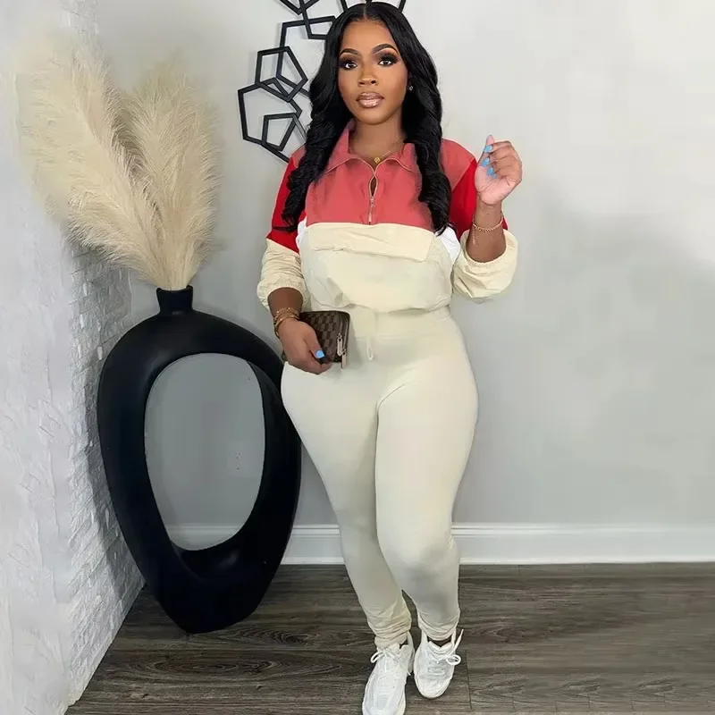 Sporty Casual Two Piece Set for Women Sweatsuit Fall Winter Patchwork Sweatshirt Top and Pants Running Tracksuit Joggings Femme