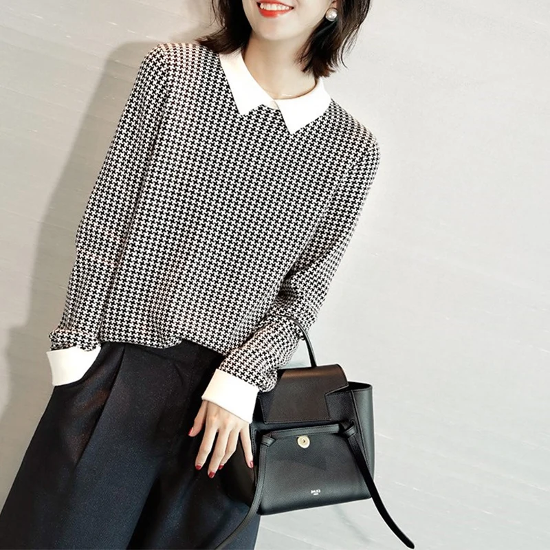 

Свободный вязаный свитер с кукольным воротником в клетку, корейский длинный свек, обычная длина, весенний сезон, женский свитер-камер