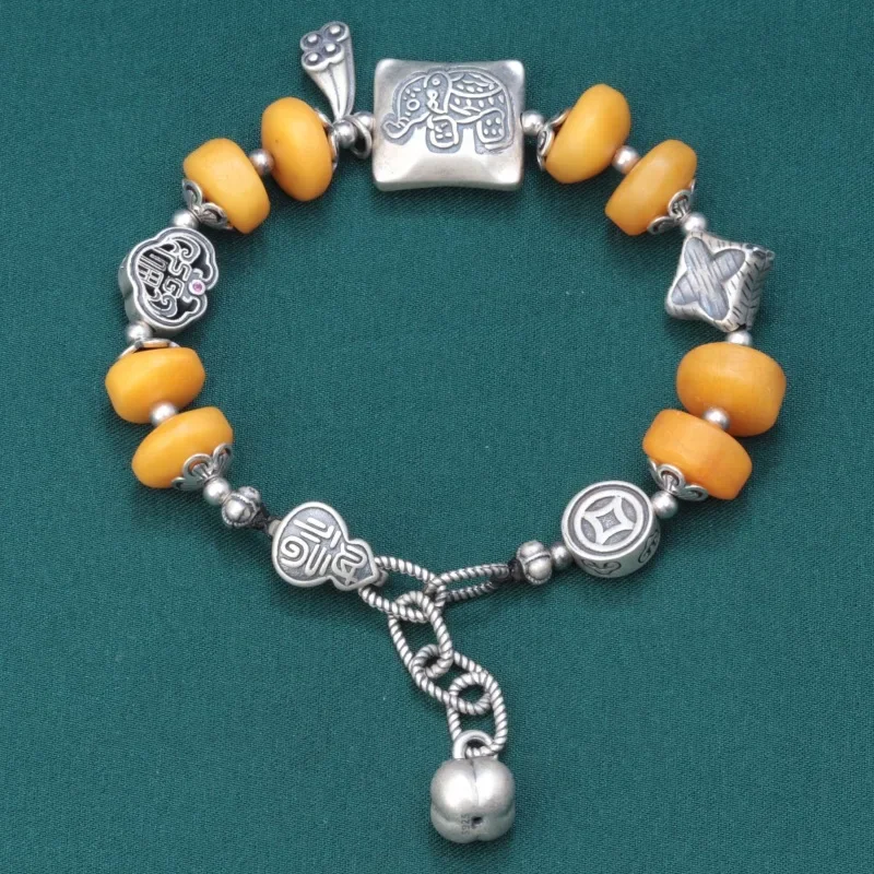 Original Design 925 Sterling Silver Irregular Amber Beewax Lotus Bracelet For Women Retro Ethnic Style Handmade Beaded Bracelets