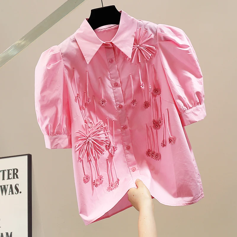

Fashionable Handmade Heavy Embroidery Short Sleeve Shirt with Bubble Sleeves And Tassel Design Elegant Top Trendy Women's Clo...