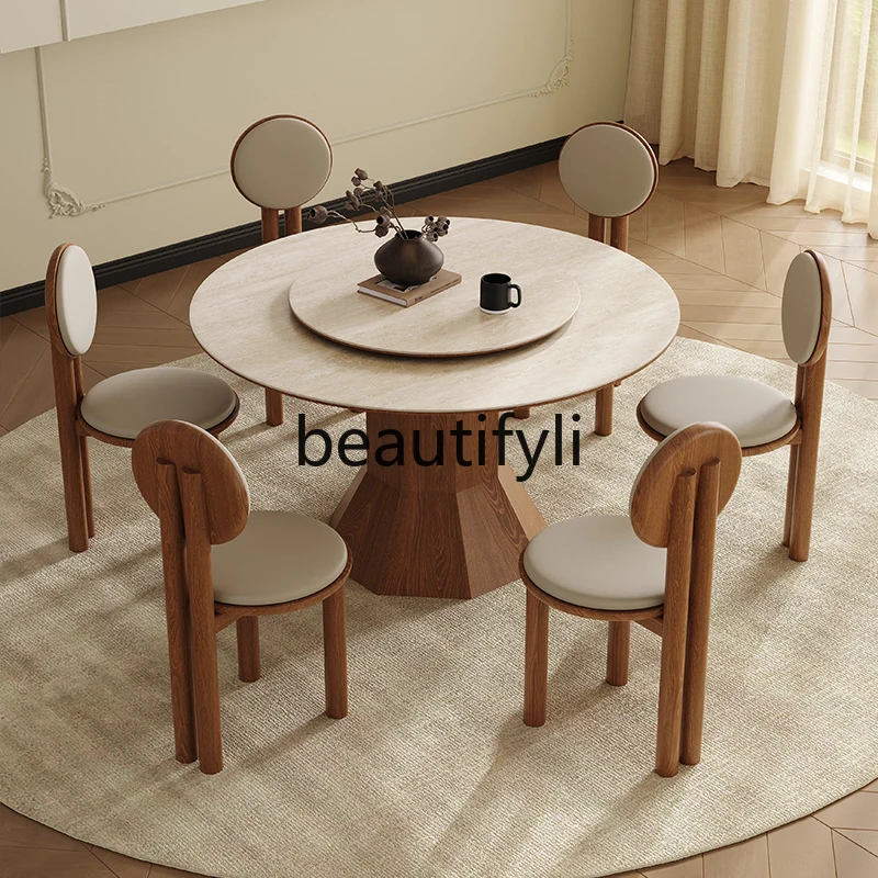 

Solid wood rock slab dining table Modern simple round table with turntable Imported oak French designer household round table