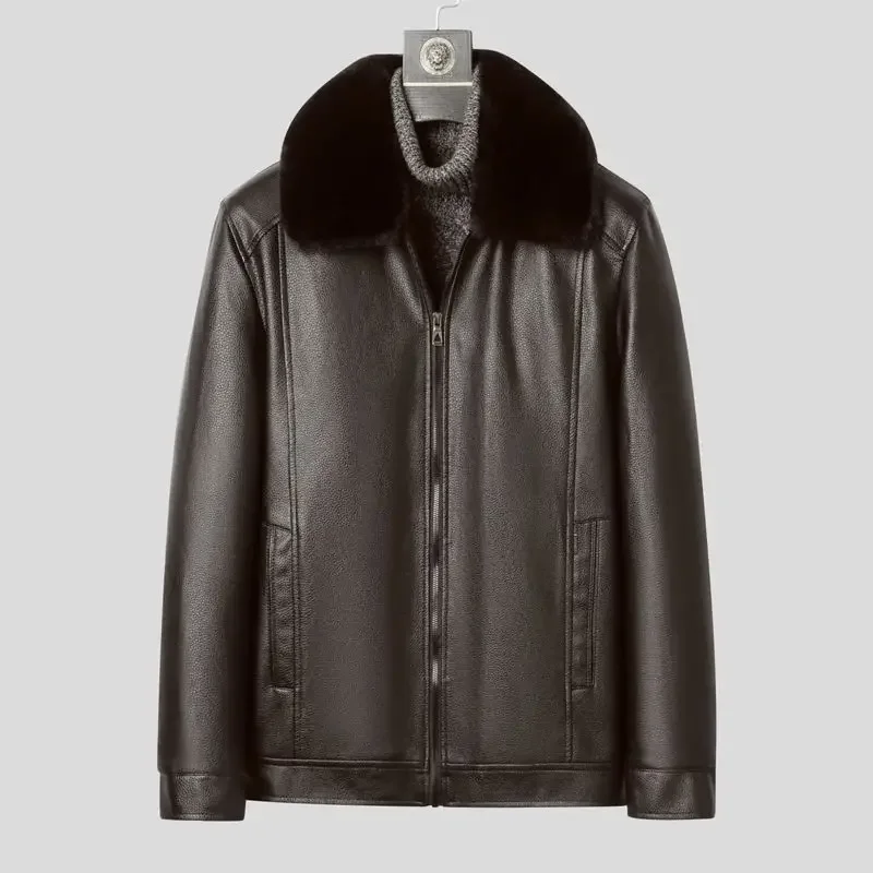 Insulated Sheepskin Leather Jacket for Men Adjustable Cuffs Hem for Cold Weather Options Available for Middle Aged Gentlemen