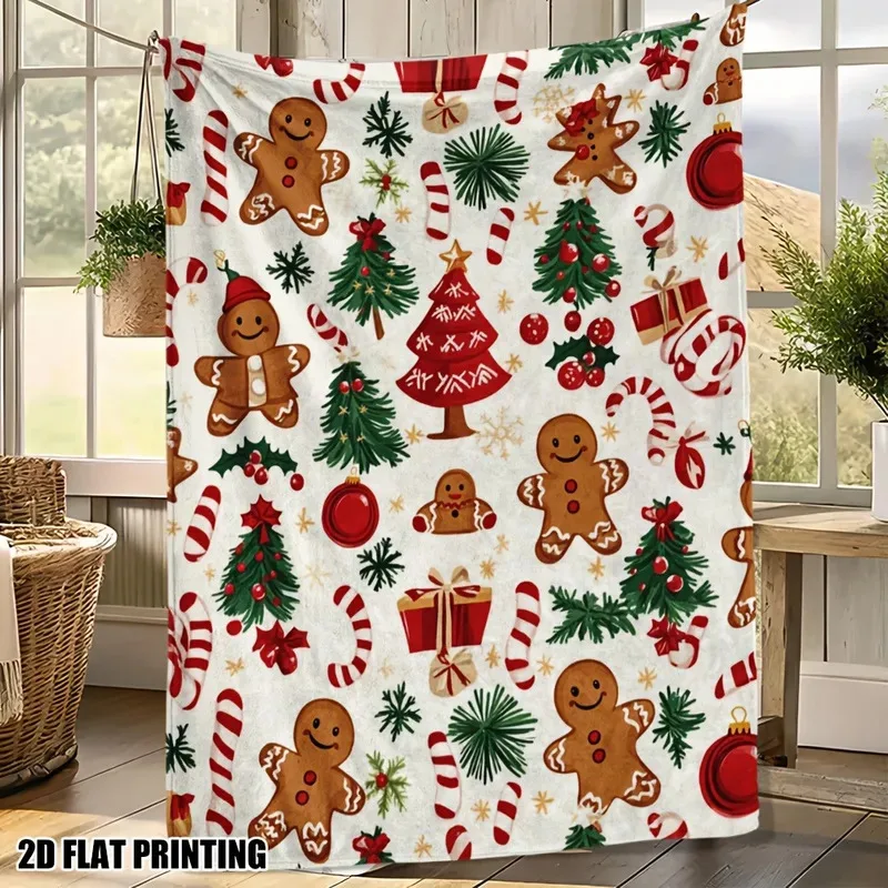 1pc Bohemian Christmas Flannel Blanket with Gingerbread Men & Pine Print - Soft Fluffy All-Season Cozy Throw for Couch, Bed, Living Room - Machine Washable Holiday Decor in Red, Green, & Brown - Festive New Year Gift Idea