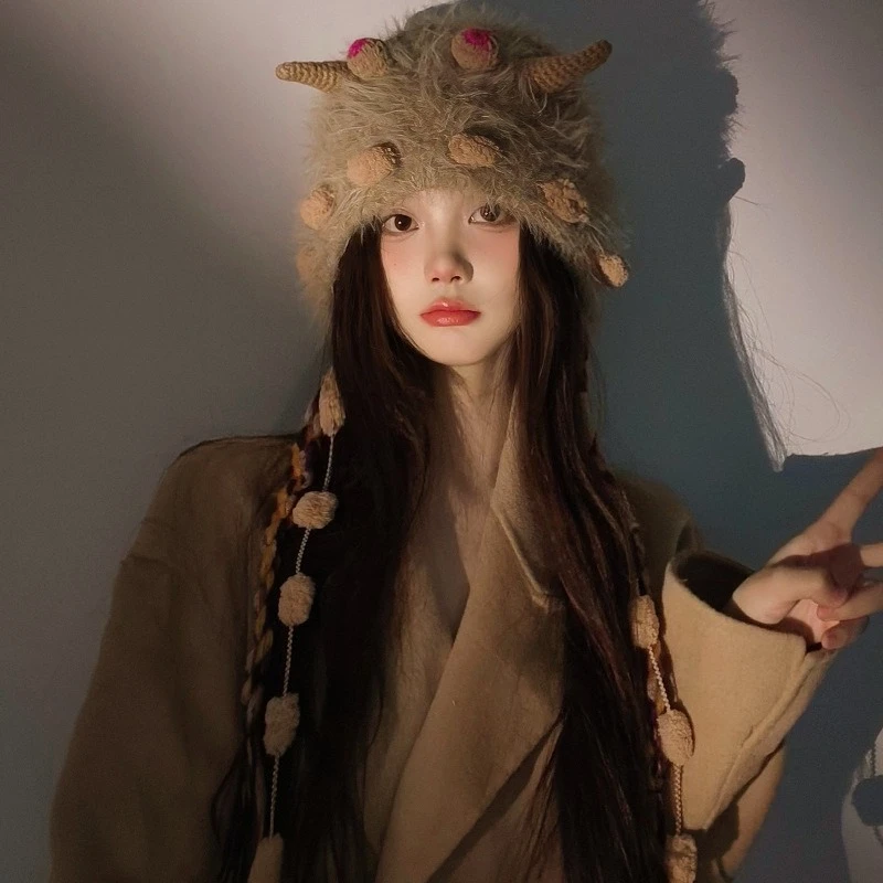 

Милая вязаная шапка-бини «Монстр» для женщин: утончает лицо, подходит для большой головы, с защитой ушей, теплая зимняя шапка