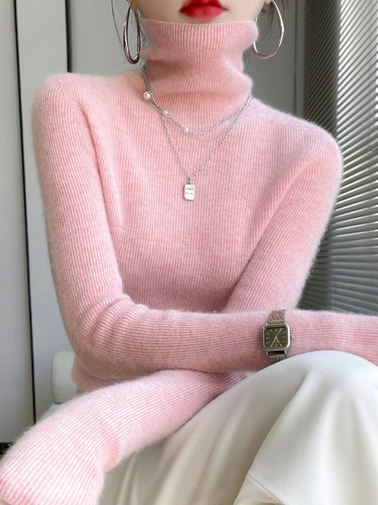 New Autumn Winter Soft Turtleneck Cashmere Knitted Sweater Korean Style Slim Fit Solid Color Basics Pullovers