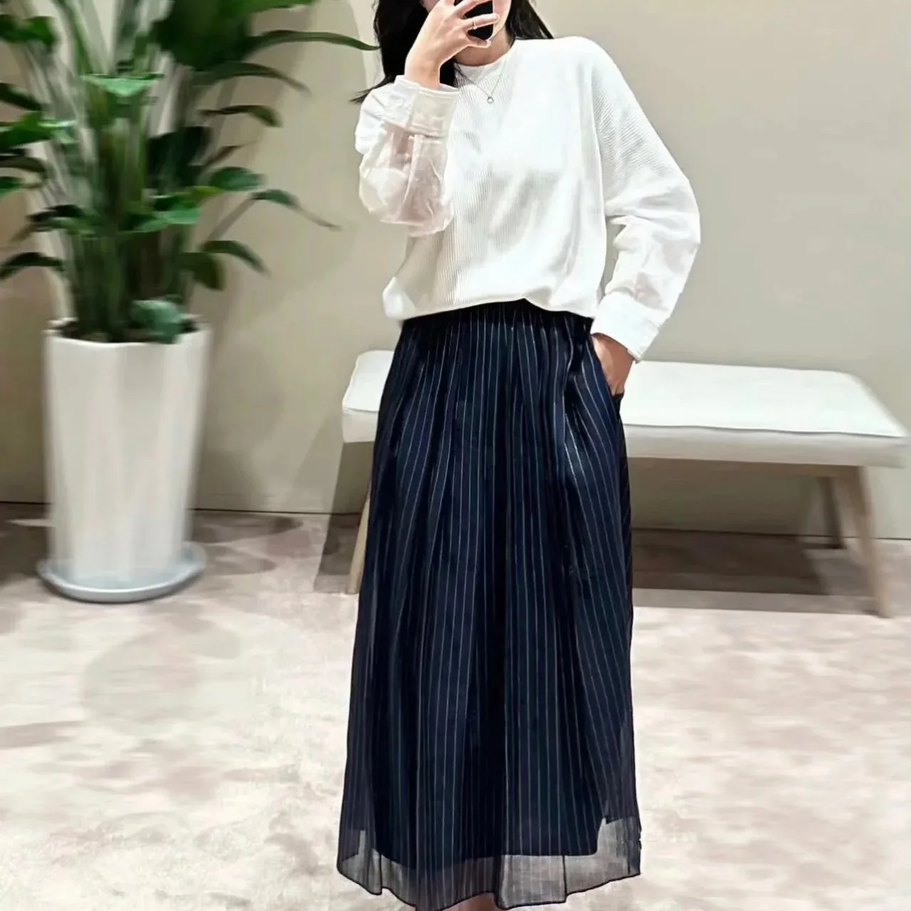 

Women's Skirt 2024 New Spring Summer Bead Chain Striped High Elastic Waist Loose Casual Maxi Jupe