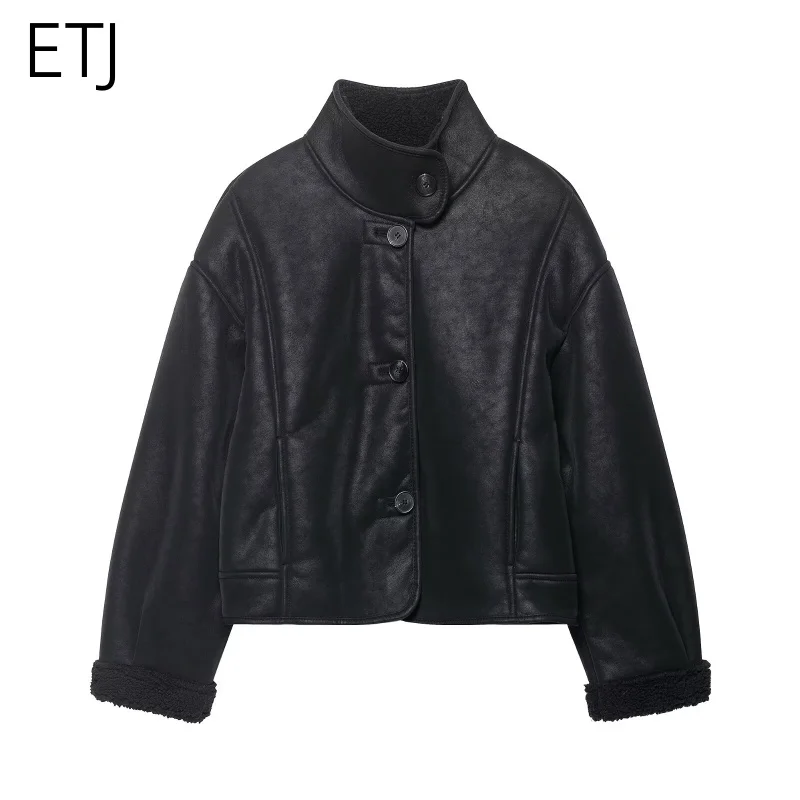 

ETJ 2025 зимняя женская новая модная ретро толстая флисовая куртка с большими пуговицами из искусственного меха, повседневное короткое пальто