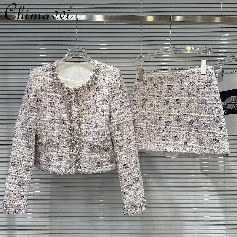 

Осень-зима 2022, новая короткая куртка с длинными рукавами и тяжелыми бисером + меховой жилет + комплект юбки, элегантные женские наряды