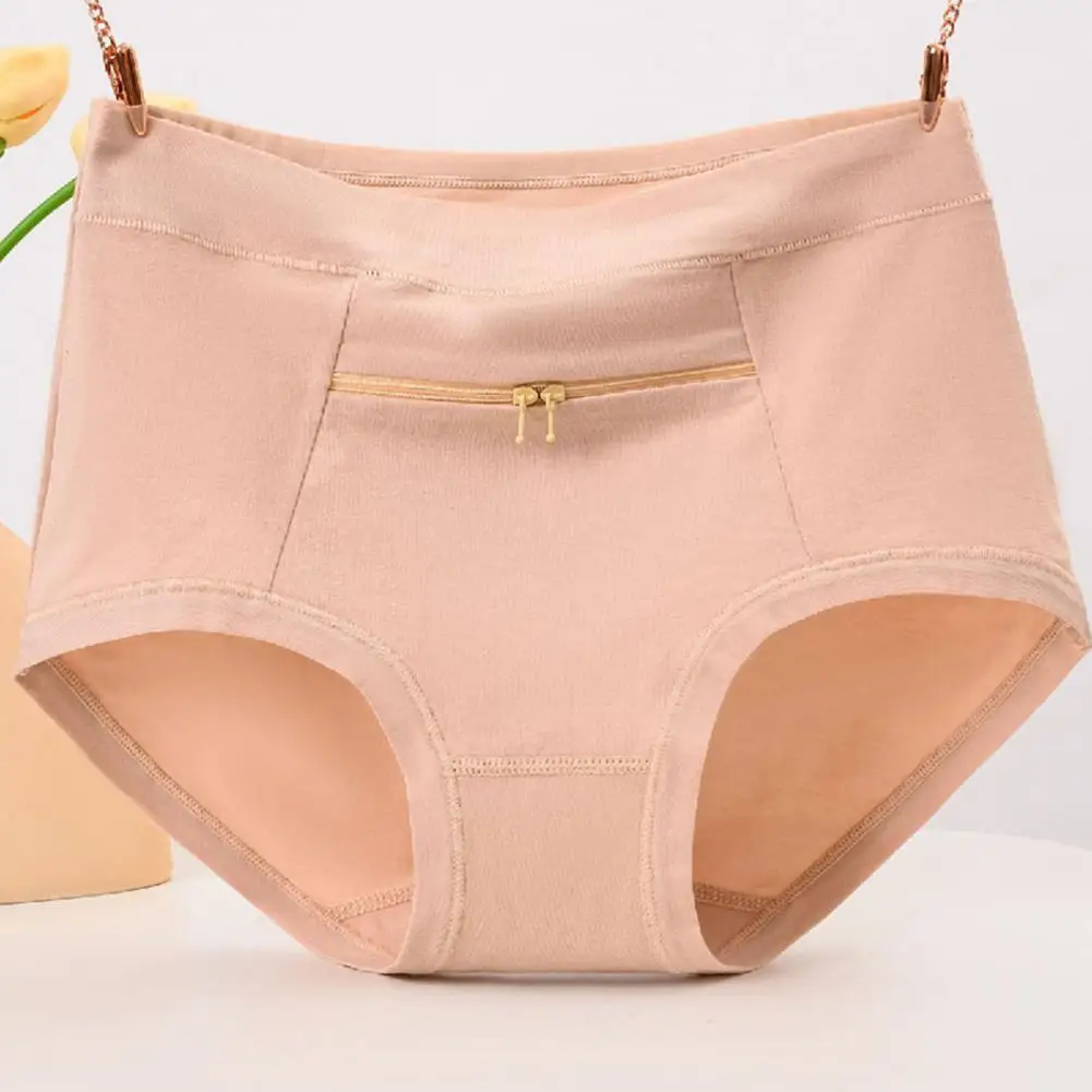 Anti-theft Zipper Pocket Women\'s Underwear Cotton Panties High Waist Briefs Sexy Lingeries Cotton Middle-aged Grandma Underpants