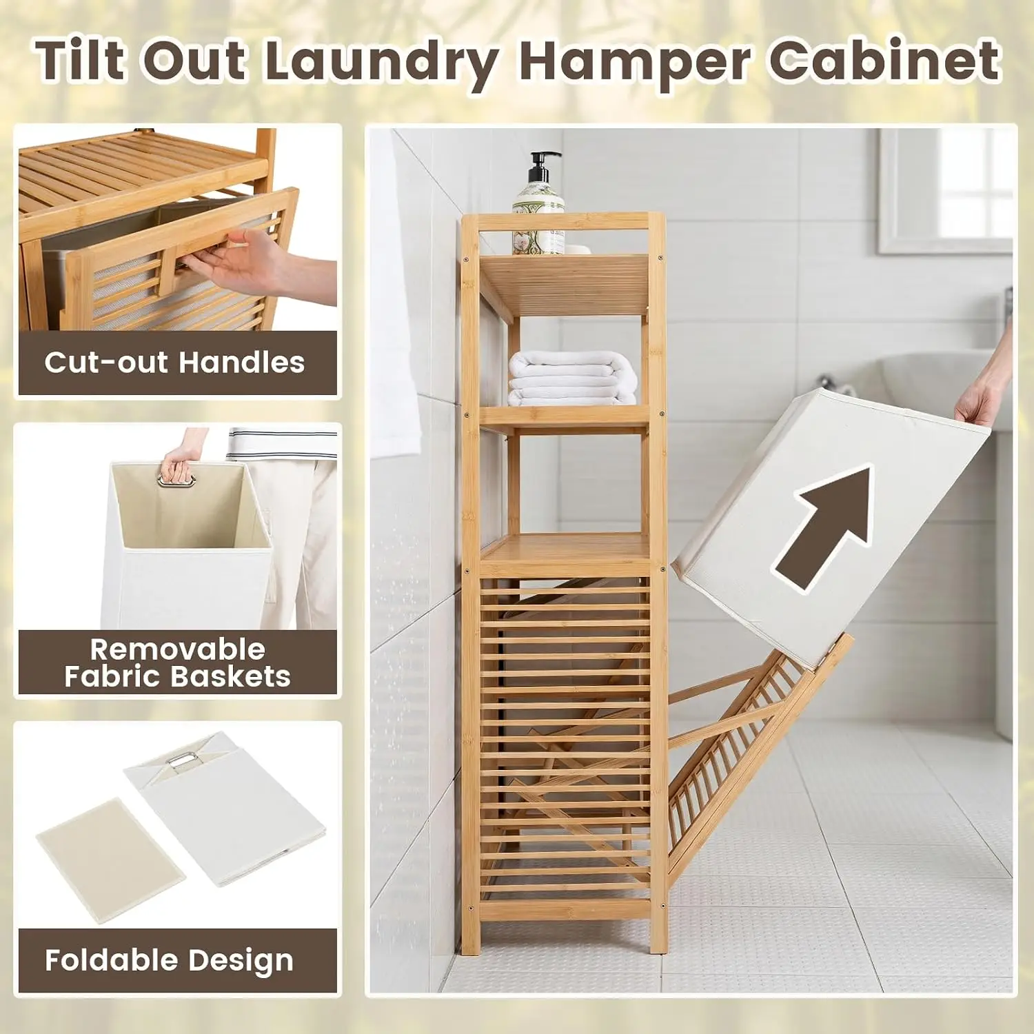 Bamboo Double Tilt Out Laundry Hamper Cabinet with Shelves, Customized