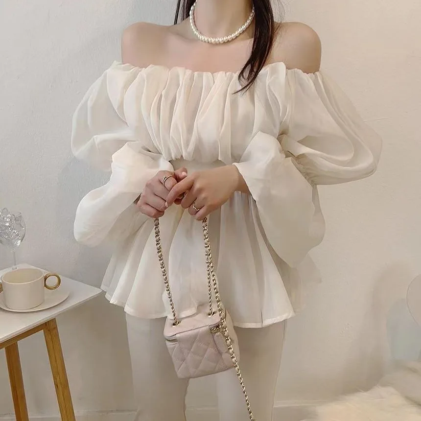 

Womens Top 2026 Early Spring New French One Shoulder Bubble Sleeve Chiffon Shirt Casual Fashion Daily Wear