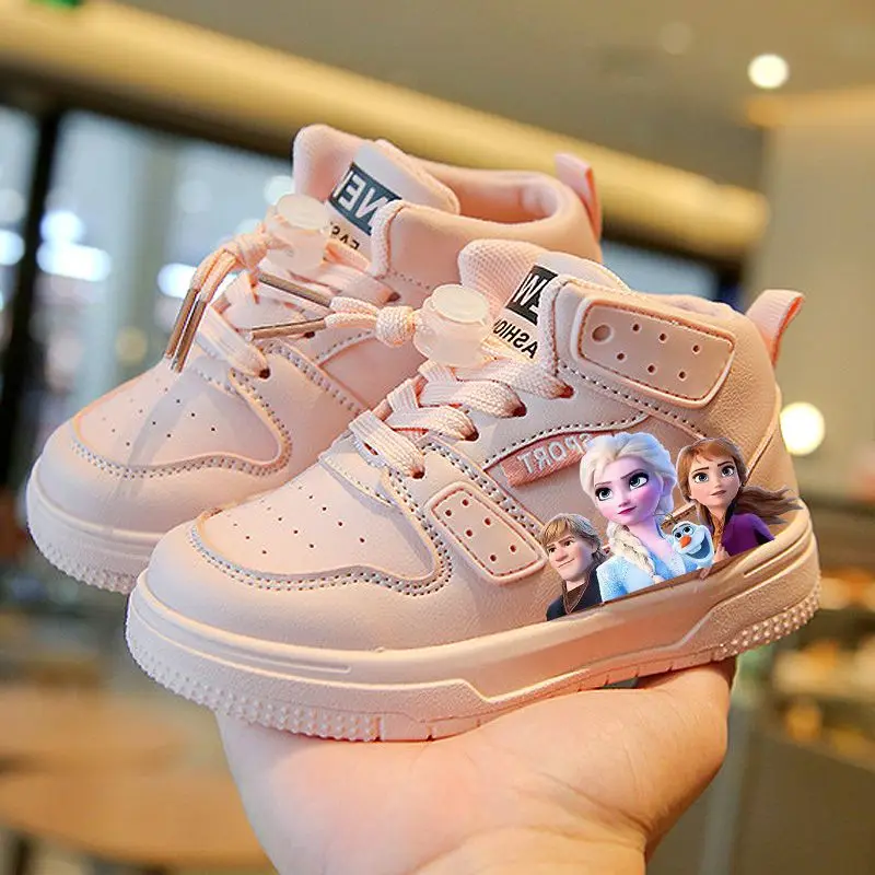 Disney Shoes Girls Warm Kids Children Shoes White Pink Winter Children High-Top Casual PU Leather Sneakers Size 22-32