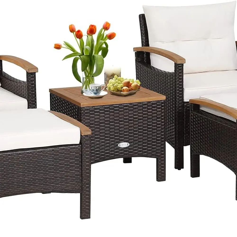 

Outdoor PE Wicker Patio Furniture Set: 5-Piece Lounge with Cushions, Ottoman, and Acacia Wood Side Table
