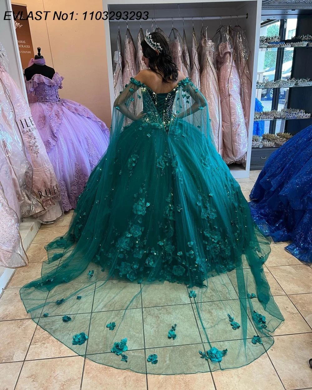 فستان Quinceanera أرجواني مخصص من EVLAST ثوب حفلة ثلاثي الأبعاد مزين بالزهور مطرز بالخرز كيب مشد حلو 16 فيستدو دي 15 أنوس E1Q144