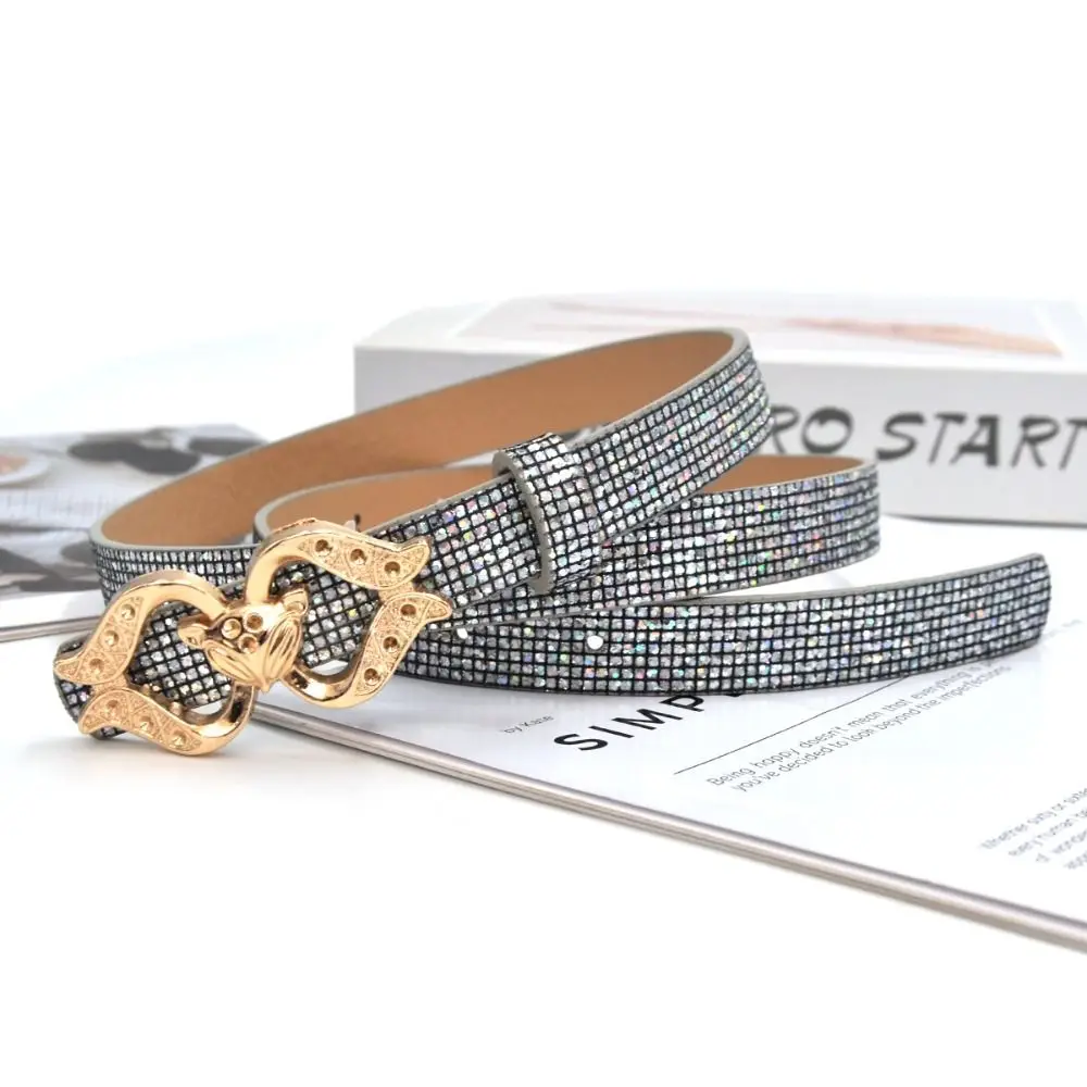 Vintage Bling Bling Sparkling Rhinestone Belt Versatile Glitter Fox Buckle Belt Luxury Brand Design Waist Strap Women
