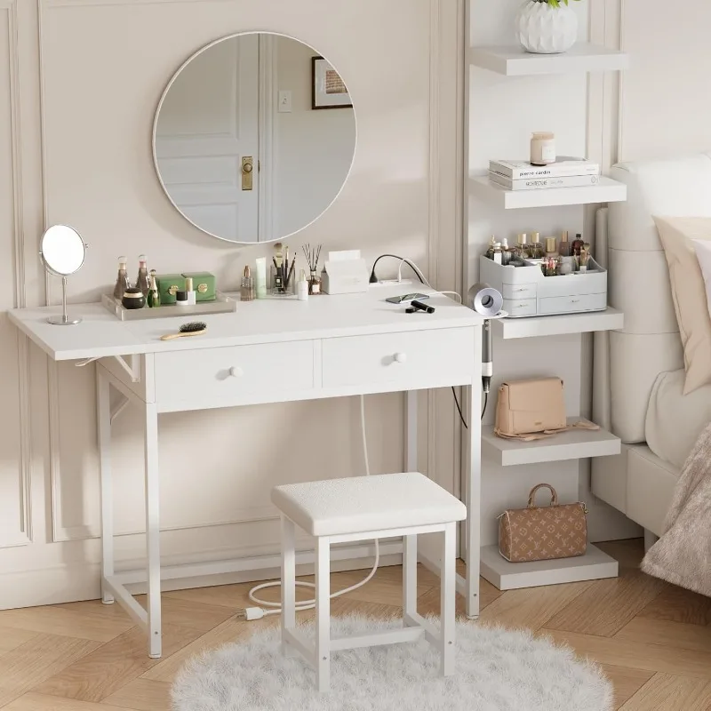 Makeup Vanity Desk no Mirror - Modern Vanity Table with Wood Drawers, Padded Stool, Charging Station & Foldable Countertop,