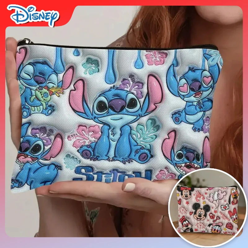 

New cartoon Disney Mickey Stitch Toilet Bag Cotton and Line Material Portable Double-Side Printed Travel Storage Bag girl Gifts