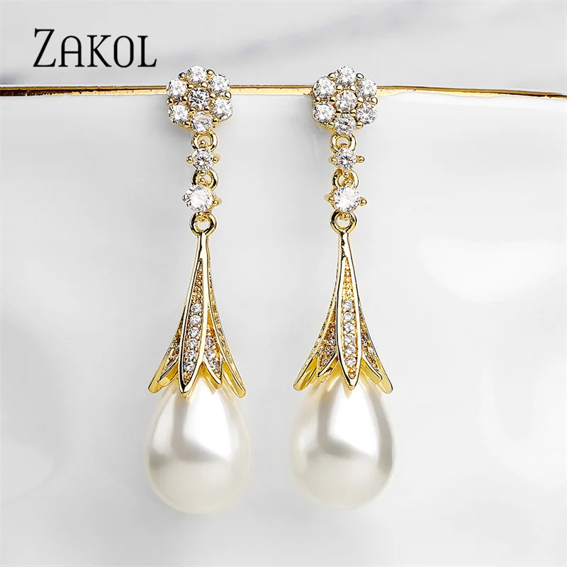 ZAKOL Fashion Pearl Dangle Earrings for Women Gold Color Cubic Zirconia Jewelry Water Drop Wedding Engagement Jewelry  New