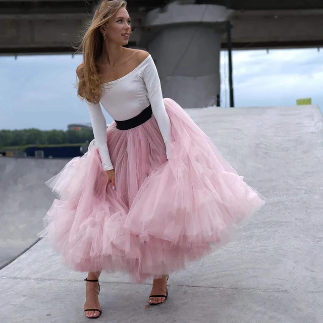 różowe spódnice tutu Puffy Princess Puffy Tulle Spódnice Dla Kobiet długość herbaty Spódnica Moda Faldas Saia Wykonane na zamówienie Kolor i Rozmiar