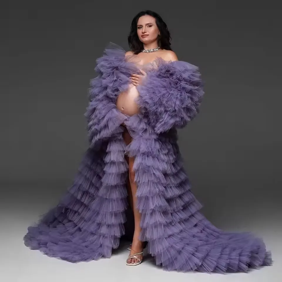 Luxury Custom Made Layered Tulle Maternity Robe Photoshoot Coat Women Long Jackets Extra Puffy Tiered Tulle Maternity Dress Cape