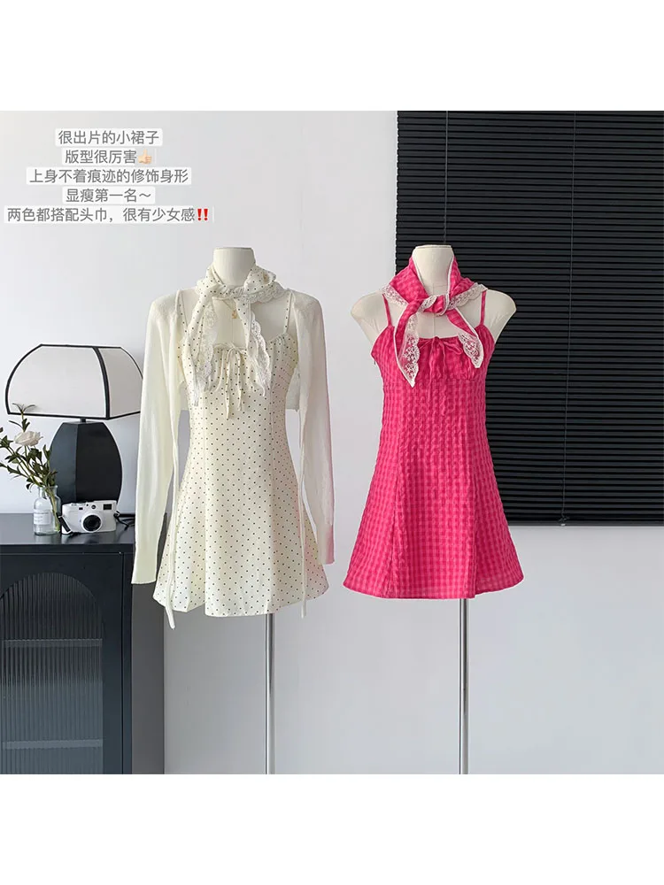 Woman A-Line Dress Bodycon Dress Spaghetti Strap Dress Frocks Polka Dot Patchwork Simple Casual Fashion Chic Sweet Gyaru