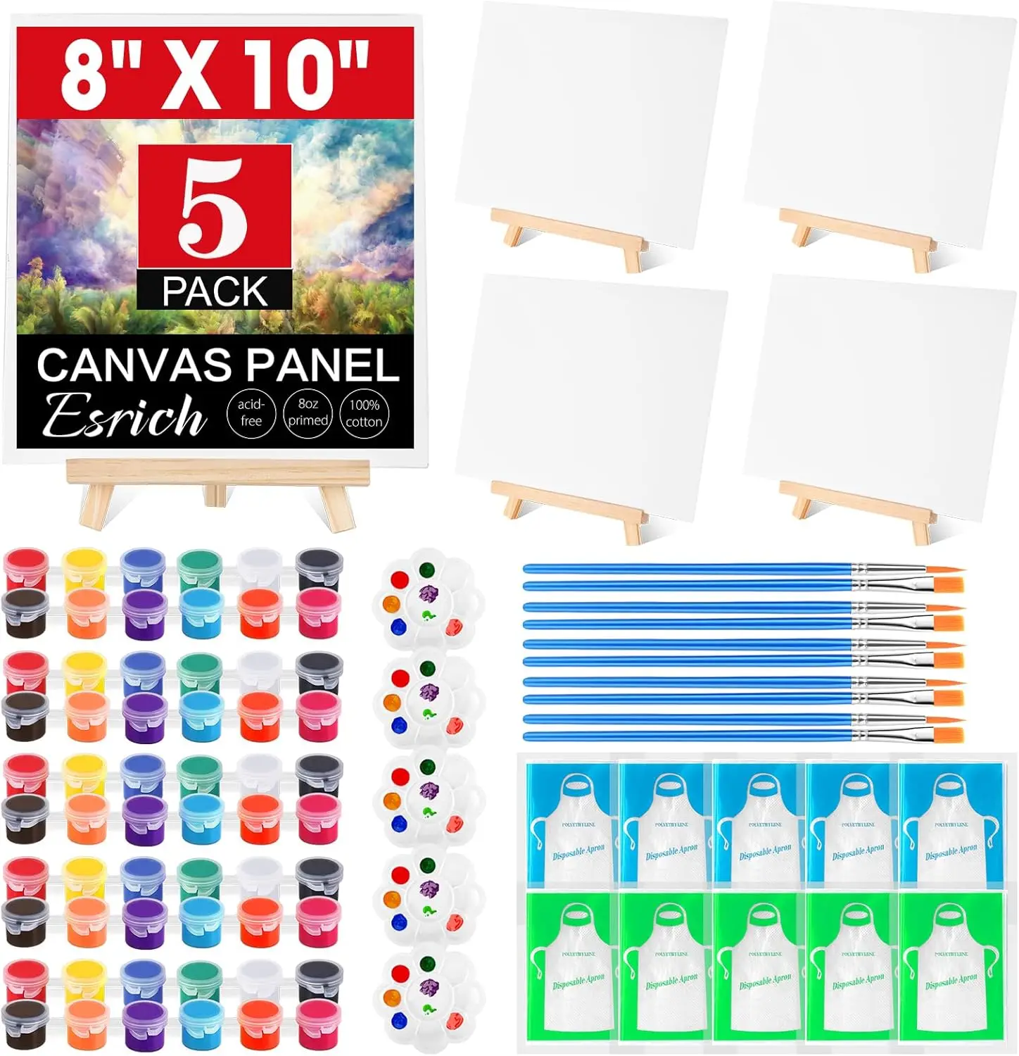 

5 Pack 8x10 Canvas and Easel Set, Mini Acrylic Paint, Paint Brushes, Palettes, Aprons, Sip and Paint Kits for Adults Cou