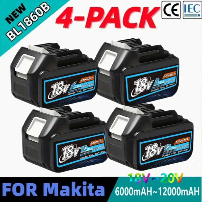 

4-Pack Replacement Batteries (6.0Ah/8.0Ah/12.0Ah) - Compatible with Makita 18V BL1860B, BL1850B, BL1840B, BL1830B, BL1815B