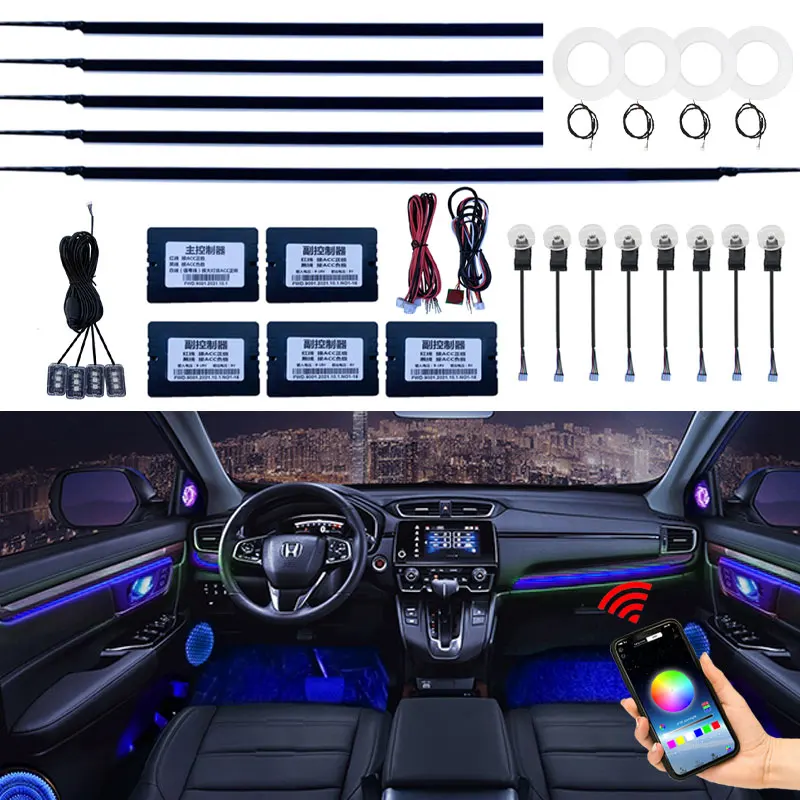 18 in 1 Car Atmosphere light 64 RGB Color Acrylic LED light strip Footwell lamp Horn light sound car Interior ambient lighting