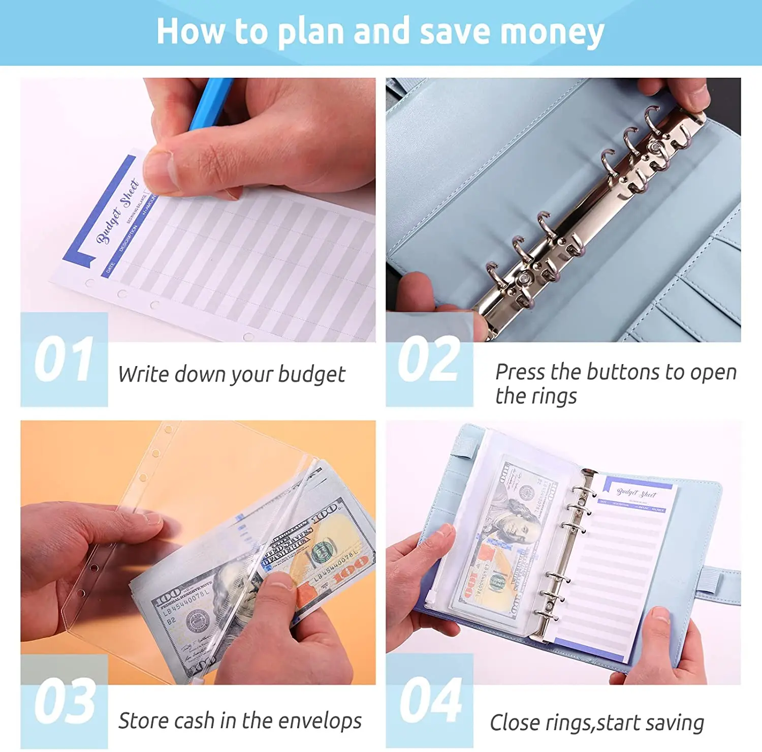 A6 Budget Binder Notebook Cash Planner Organizer with Binder Zipper Envelopes,Budget Sheets and Sticker Labels for Money Saving