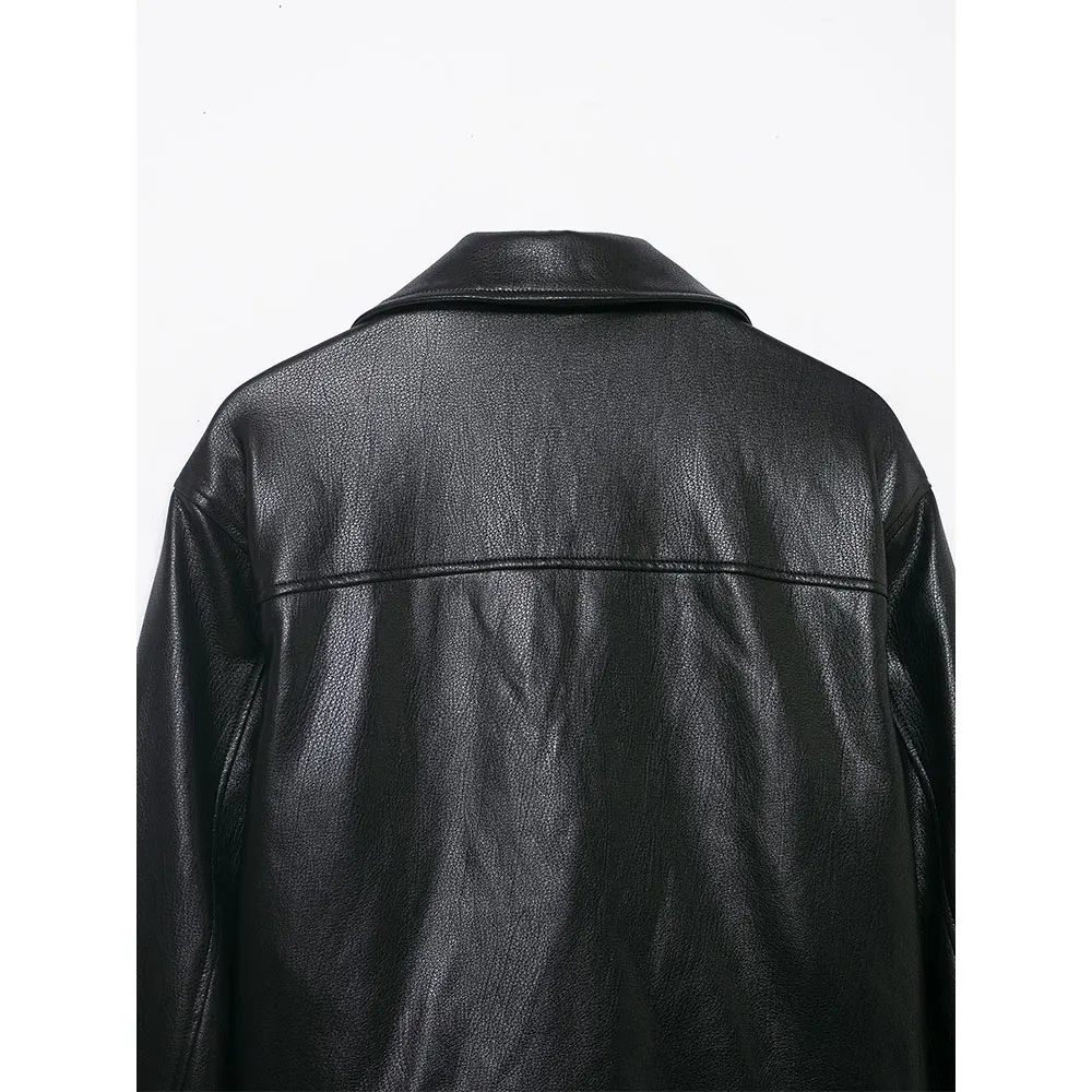 DUOPERI PU da donna nero con cerniera frontale giacche casual bavero collo maniche lunghe donna elegante chic abiti da donna