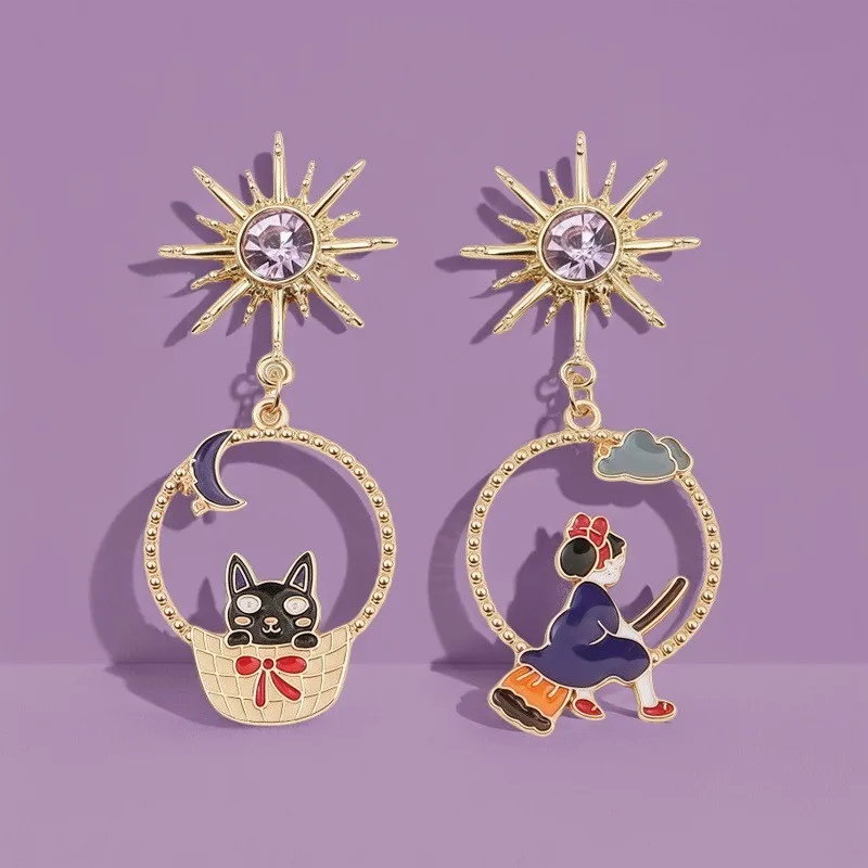 New Blue Purple Rhinestones Cat Star Charms Asymmetric Earrings for Women Party Classic Cute Girls Drop Earrings Jewelry Gift