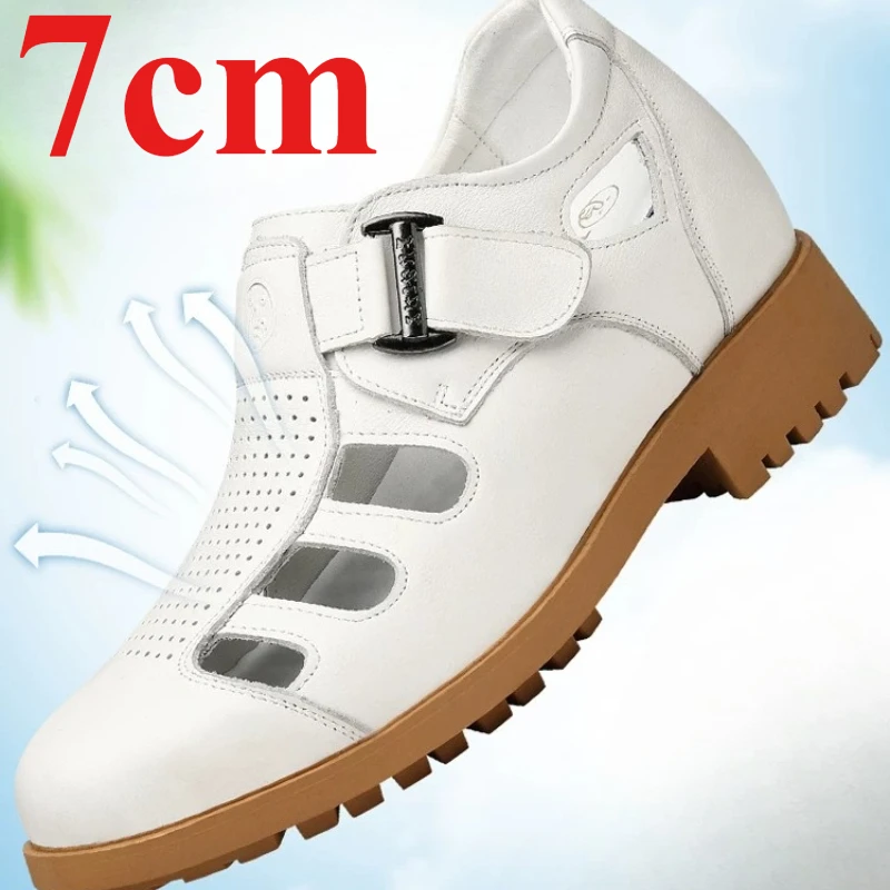 Summer Casual Elevator Sandals Shoes Men's 7cm Increase Genuine Leather Breathable Hollow Hole Large Hole Height-increasing Shoe