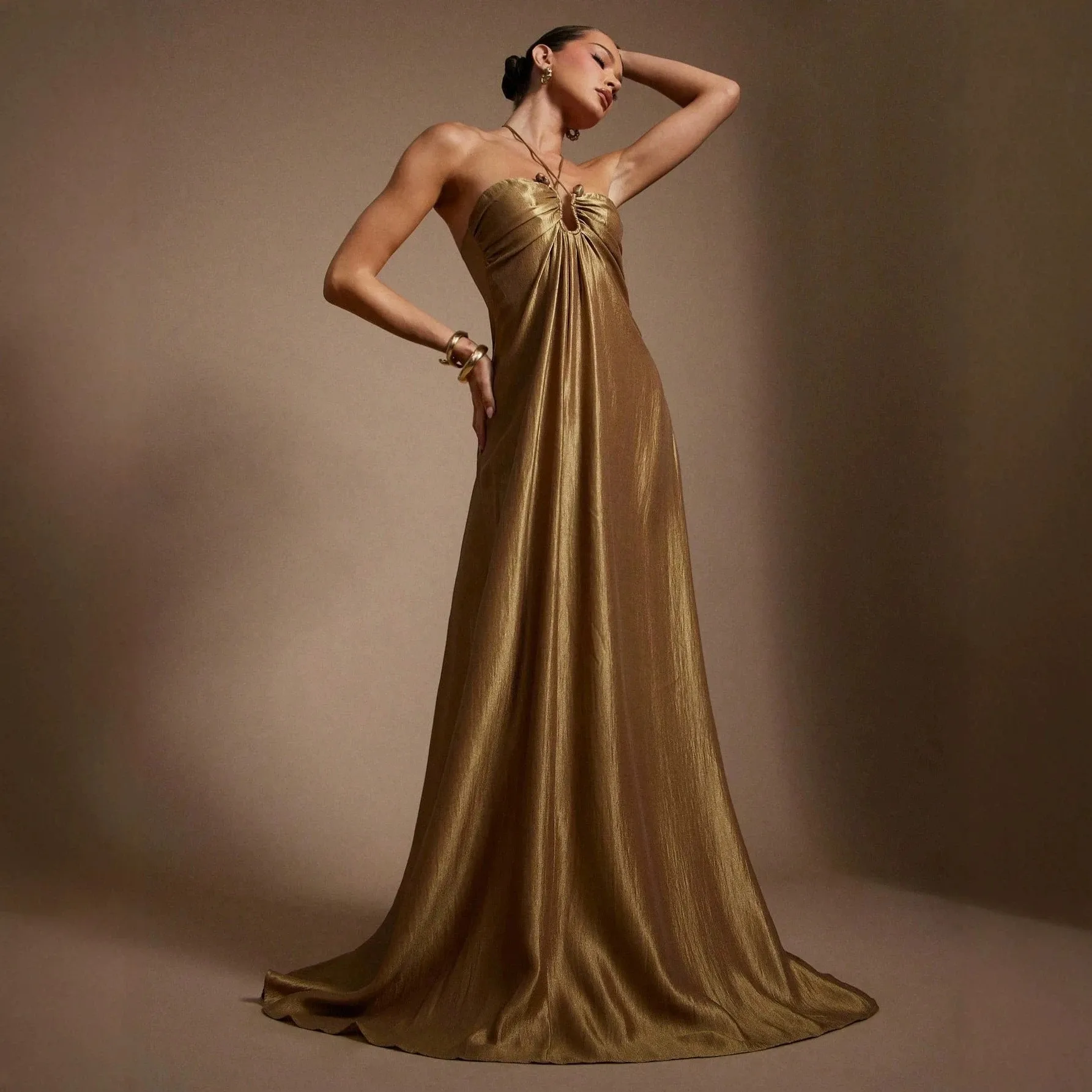 2026 Summary New Suspend Neck Sleeveless Backless Smart Fit Waist-cinching Solid Color Long Clothes Women's Clothing Boho Sexy