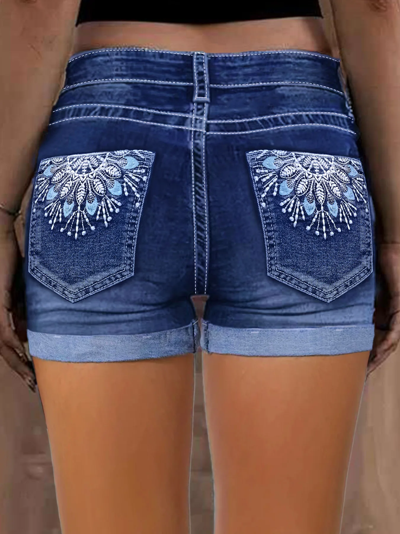 

High-Waisted Academic-Style Women's Tight Denim Shorts - Rolled Hem, Washed-Blue Geometric Embroidery on Back Pockets