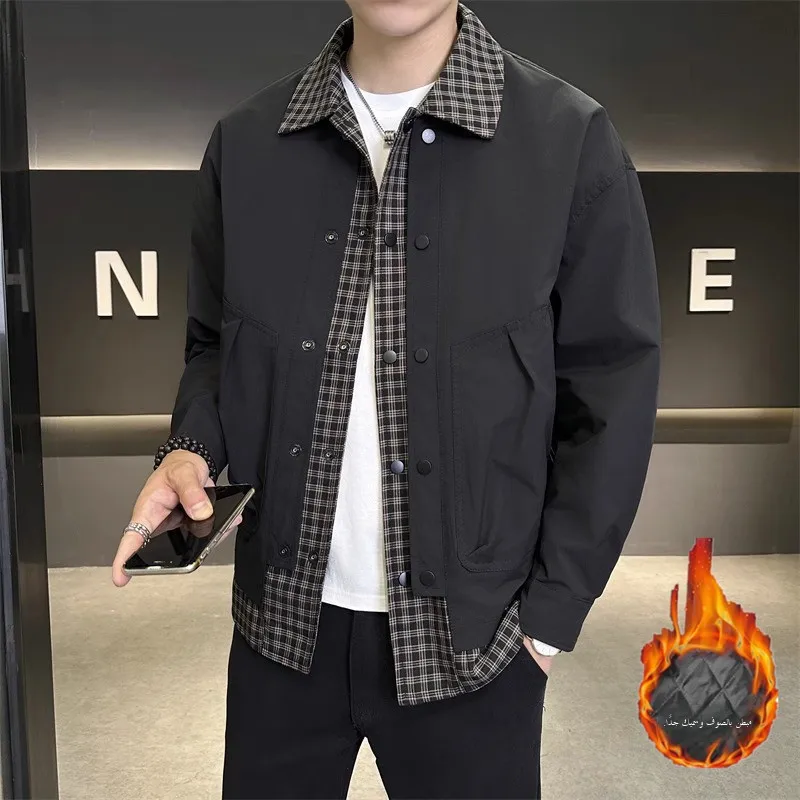 

Thiened Cotton Plaid Jaet Men's Turn-down Collar Loose Workwear Autumn Winter New Sle Trendy Patchwork Outerwear