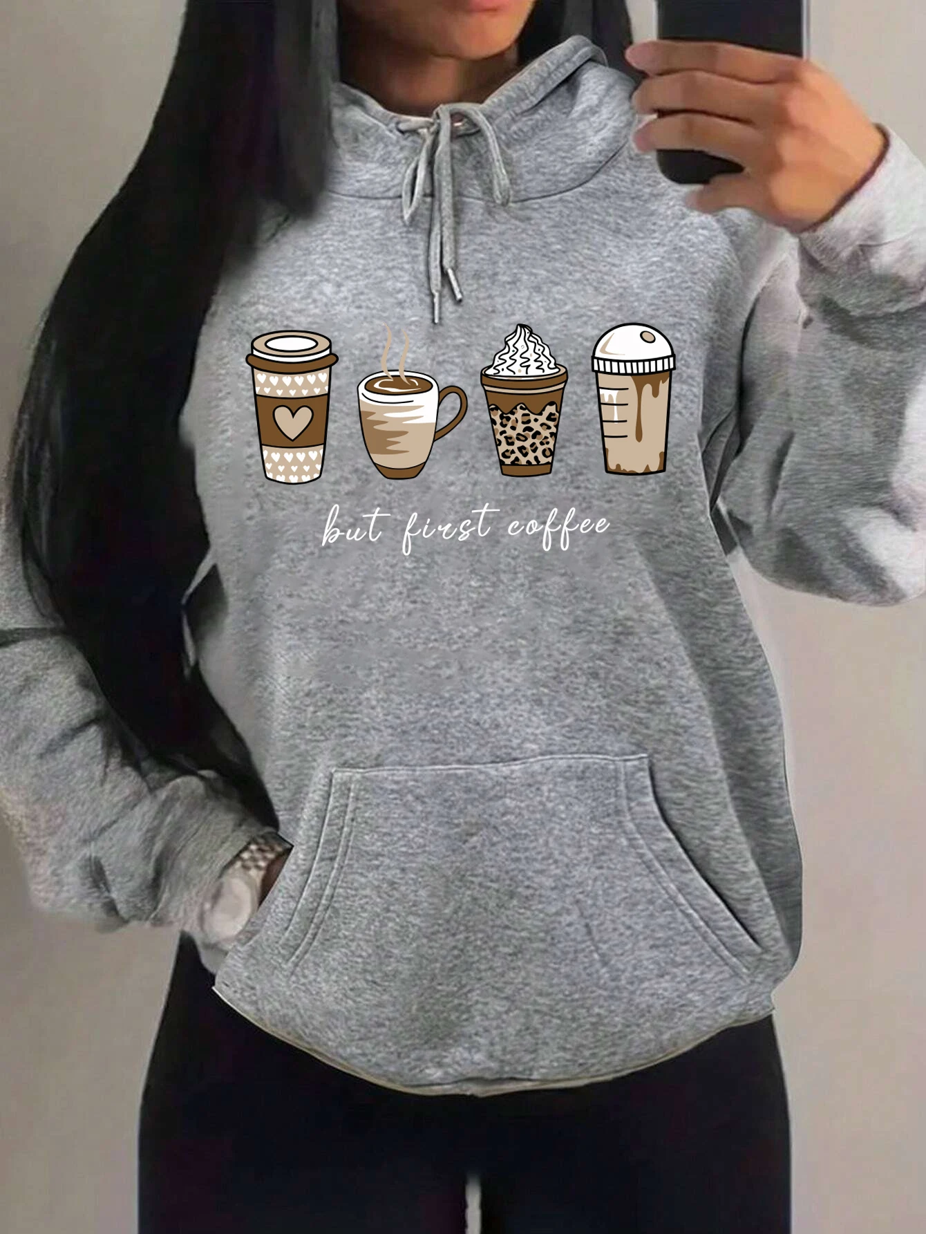 Aber zuerst Kaffee-Cartoons, Kaffeegetränke-Muster, Kapuzenpullover, modische, warme Kapuzenjacke, lässiger, trendiger Sweatshirt, Streetwear, Damenpullover. – Detail 16