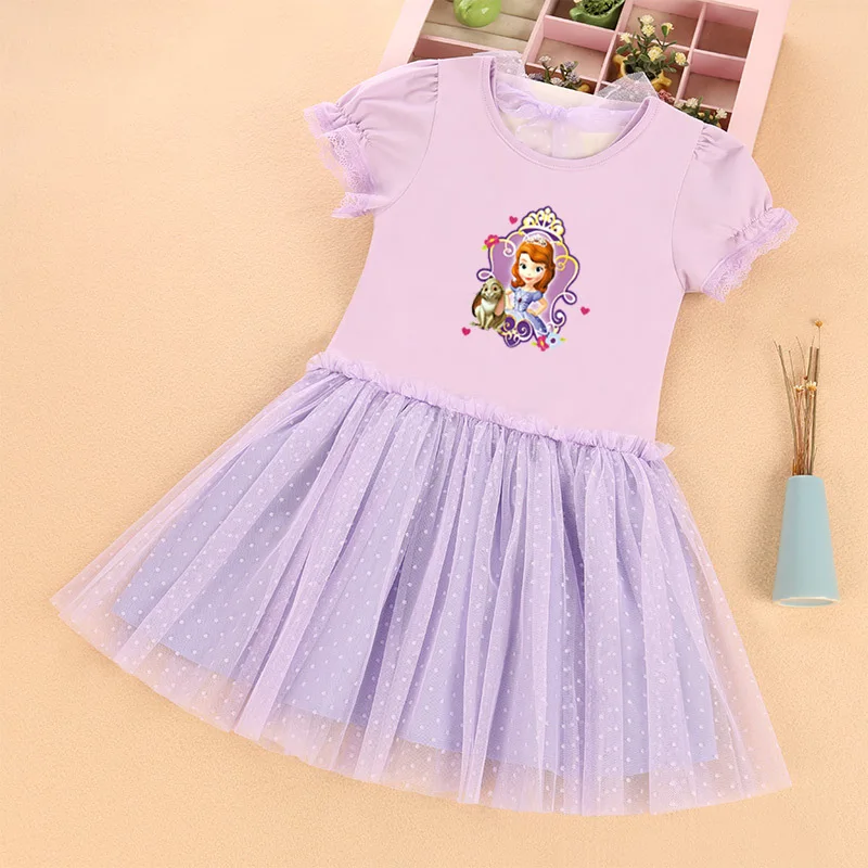 2024  Girls\' Dress Sofia Princess Dress Girls\' Dress Baby Summer Cartoon Pattern Lace Sleeve Dress Casual Cotton Children\'s Wear