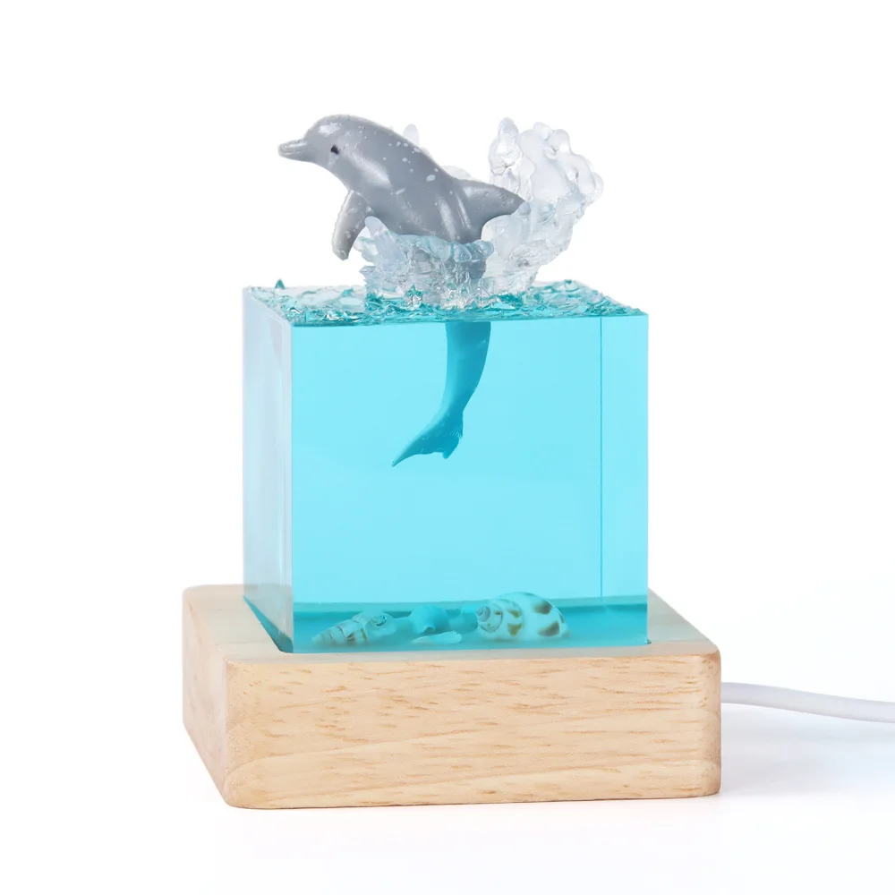 Lampe de Table en Résine en Forme de Cube, 5cm, Décoration Artistique Créative, Organisme Marin, Thème Requin Baleine, Veilleuse, Charge USB