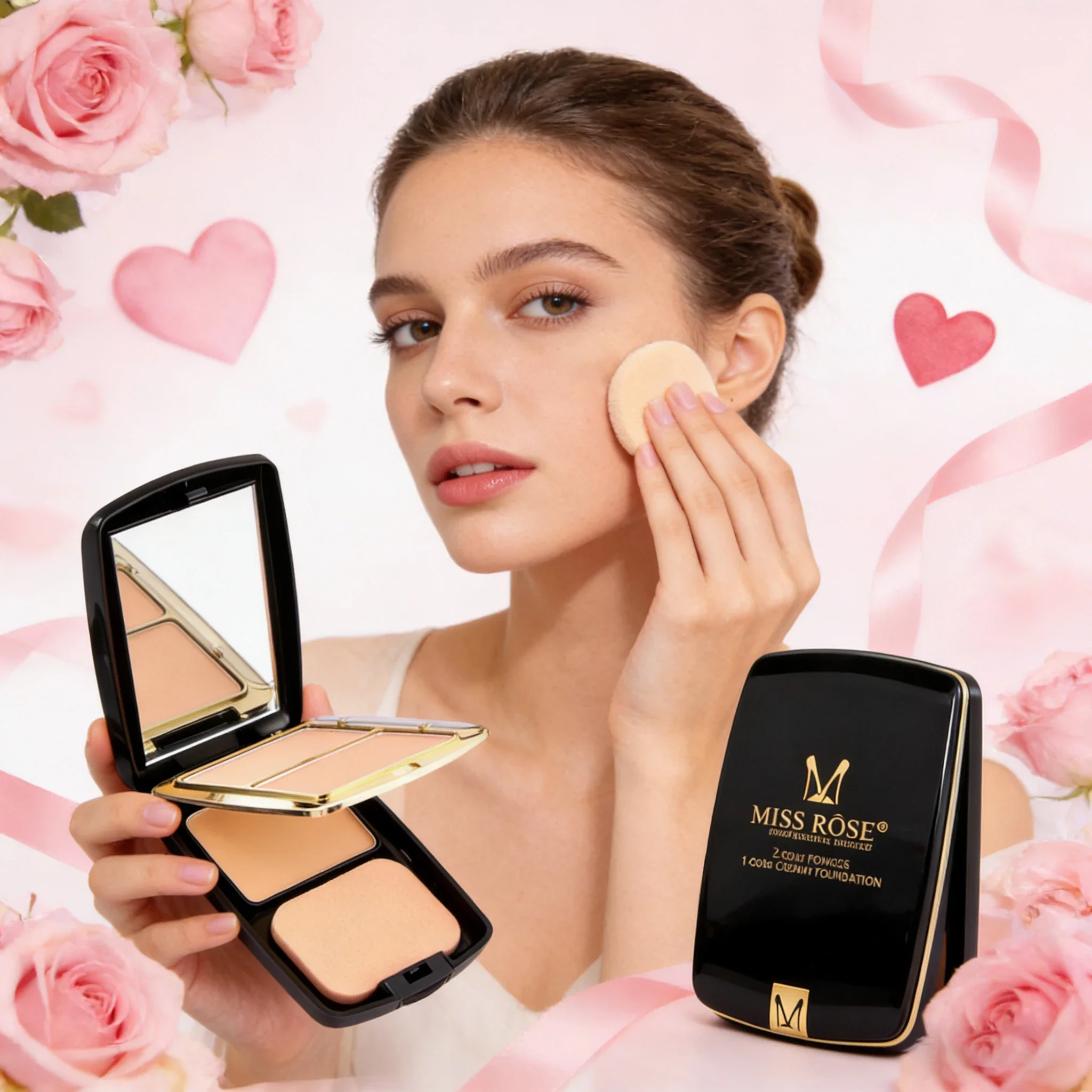

MISSROSE Double Layer Pressed Face Powder with Mirror 3 Natural Colors Lightweight Matte Finish Setting Powder for Valentine's