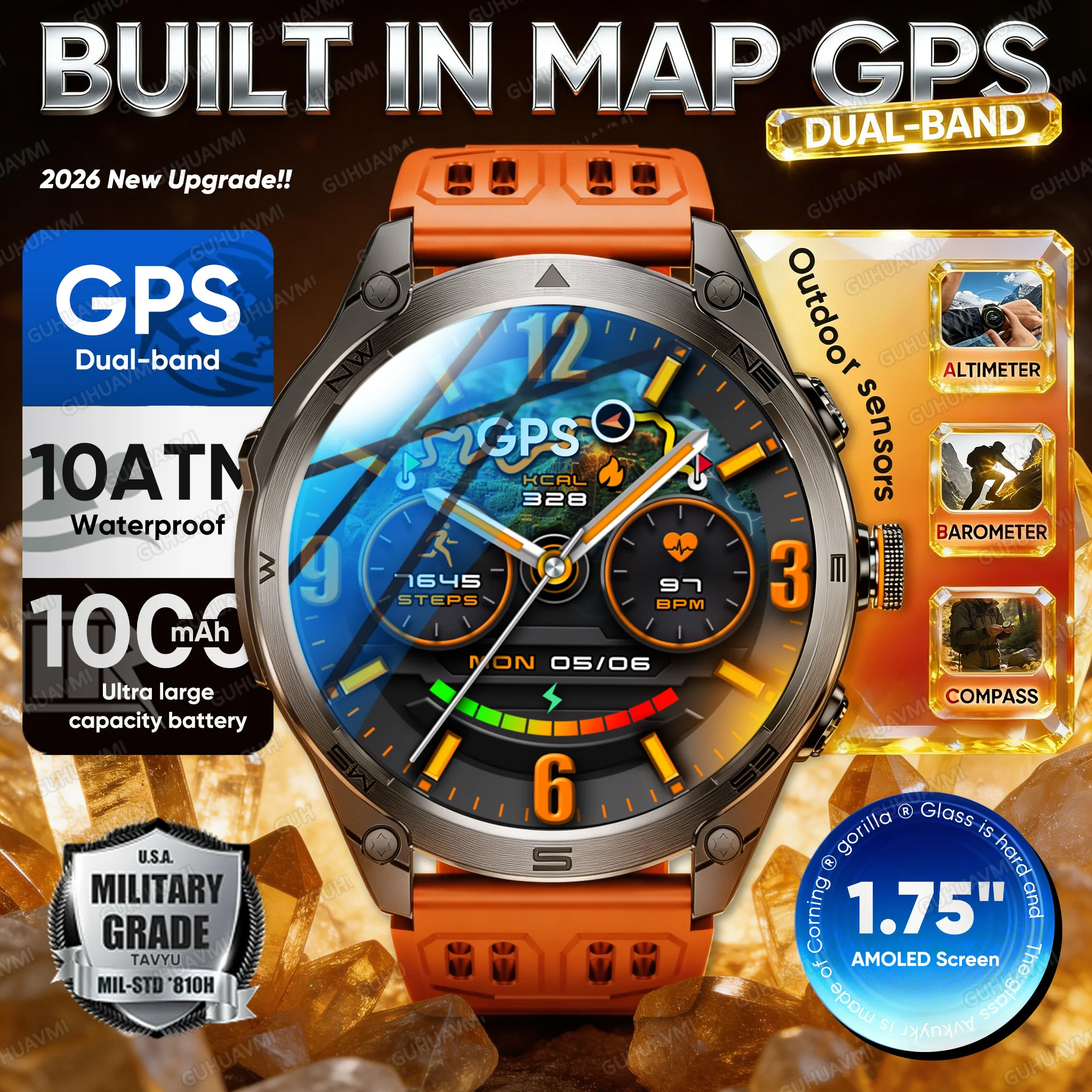 

2026 New Military Grade GPS Smart Watch Dual-Band 1.75"AMOLED 10ATM waterproof 1000mAh Large battery Compass Altimeter Barometer