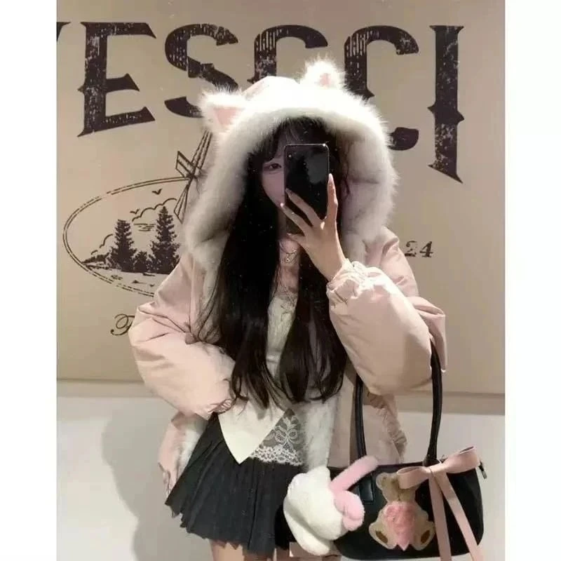 Japanese Kawaii Long Sleeve Hooded Faux Fur Collar Women Zipper Coat Vintage Subculture Harajuku Solid Color Autumn Streetwear