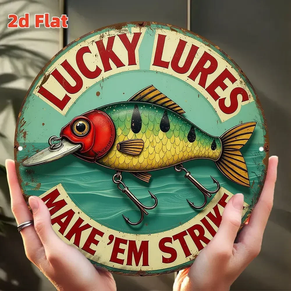 لافتة صيد السمك "Lucky Lures" - لوحة فنية جدارية كلاسيكية من الألومنيوم مع تصميم أسماك وخطافات ملونة، مقاومة للماء والغبار